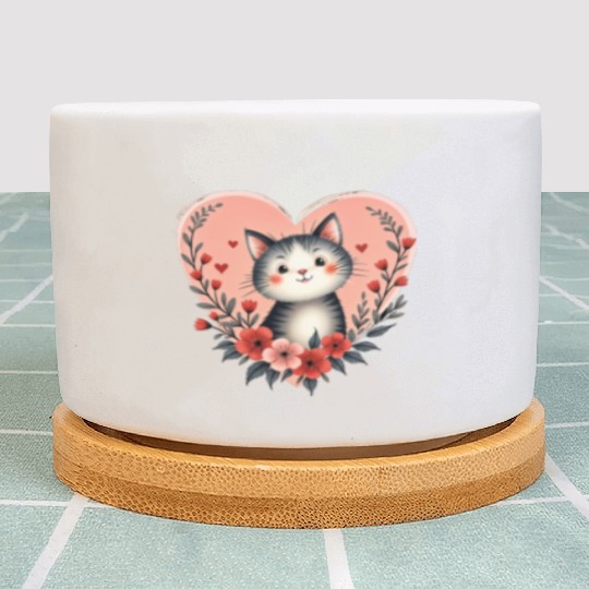 Cat Floral Heart Happy Valentine's Day Plant Pots