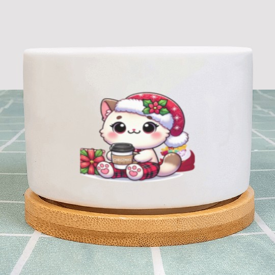 A Cute Kawaii Cat Drinking Coffee Plant Pots