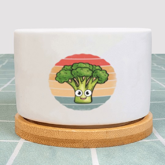 Cute Smiling Broccoli Retro Vintage Sunset Plant Pots