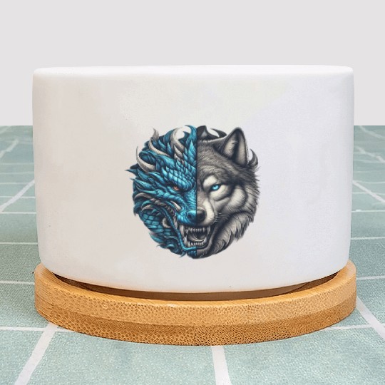 Dragon Wolf Fusion - Epic Beast Split Face Art Plant Pots