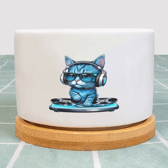 DJ Kitty in Blue Mixing Beats Plant Pots