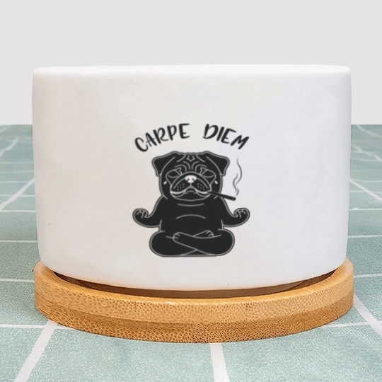 Meditative Pug with 'Carpe Diem' Text Plant Pots