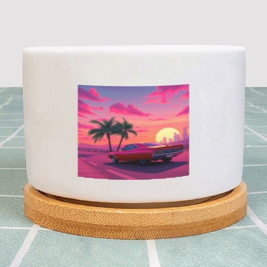 Neon Drift Sunset on the Synthwave Highway Plant Pots