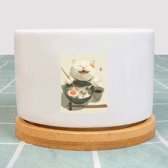 Happy White Cat Eating Ramen Plant Pots