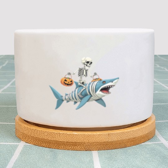 Skeleton Riding Shark Mummy Funny Halloween Plant Pots
