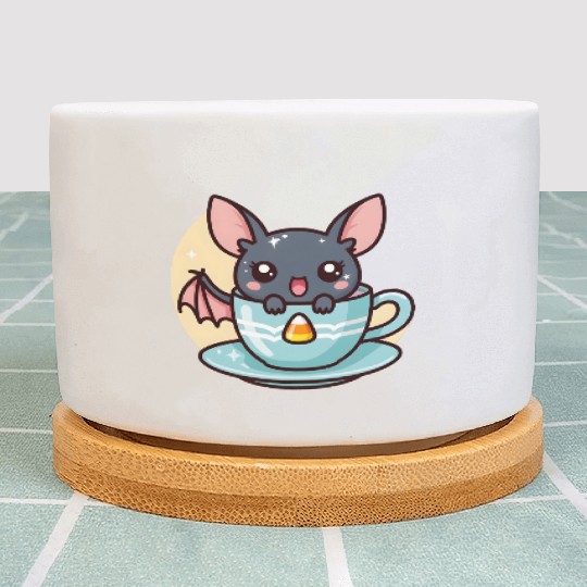 Cute Bat in Tea Cup Illustration Plant Pots