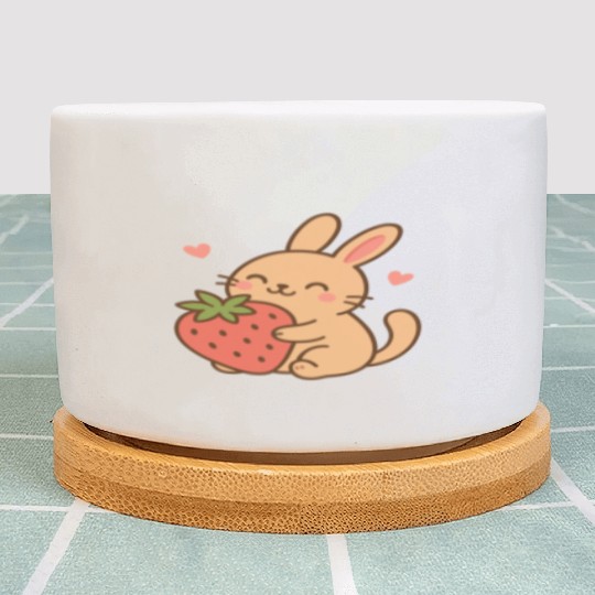 Cute Bunny Embracing Strawberry Design Plant Pots