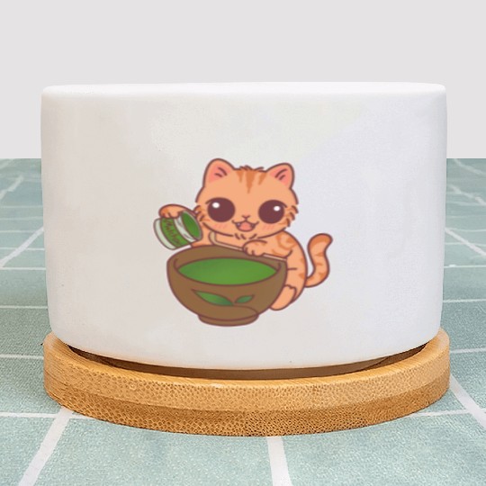 Kawaii Cat Barista Making Matcha Tea Plant Pots