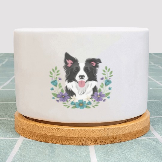 Playful Border Collie Floral Plant Pots