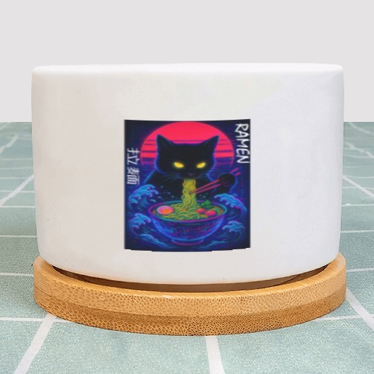 Neon Black Cat Ramen Art Plant Pots