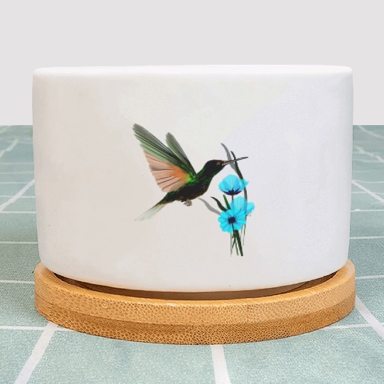 Green Hummingbird-Blue Flowers Plant Pots