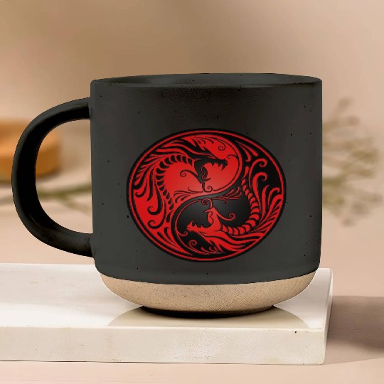 Yin Yang Dragons Red and Black Pottery Mugs