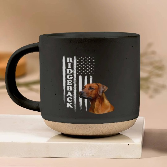 Rhodesian Ridgeback Dog with US Flag Pottery Mugs
