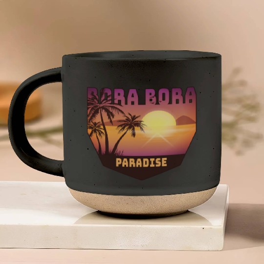 Bora Bora Design with Palms and Sun / Gift Pottery Mugs