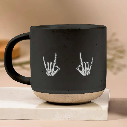 Skeleton Hands Rock N Roll Sign of the Horns Corna Pottery Mugs