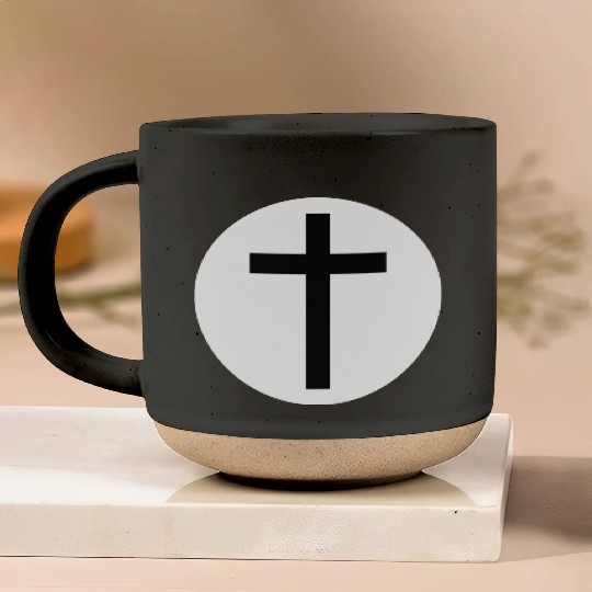 Cross Inside a White Circle Pottery Mugs