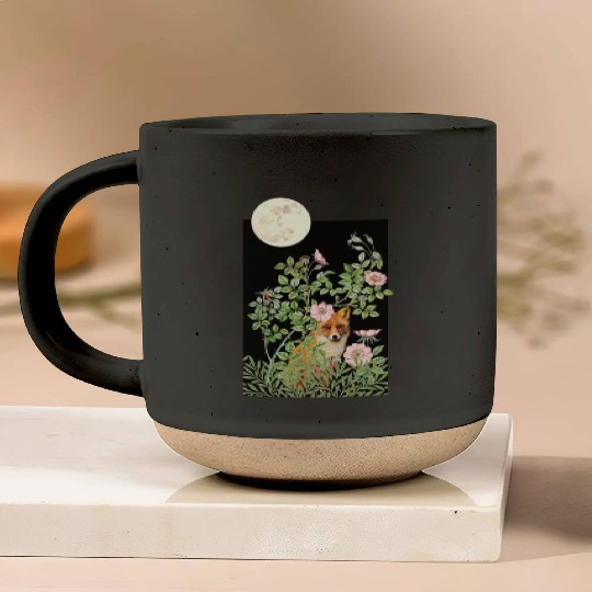 Night Fox Under Wild Rose Pottery Mugs