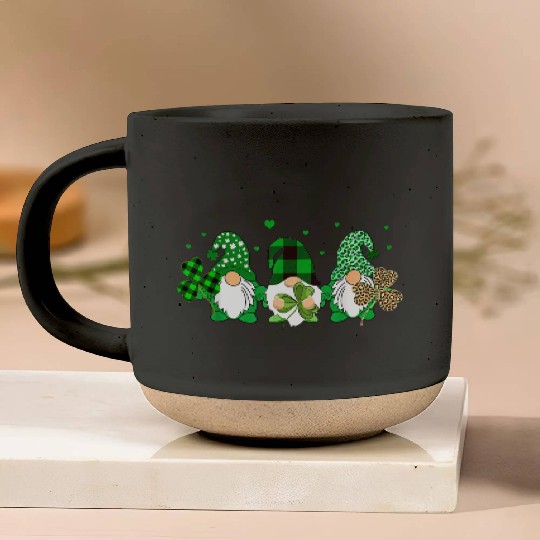Three Gnomes Holding Shamrock Leopard Plaid Pottery Mugs