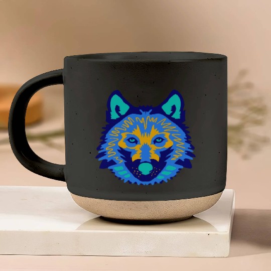 blue wolf face Pottery Mugs