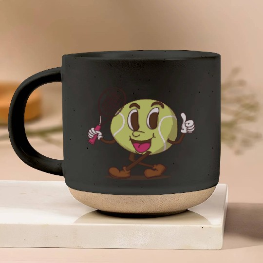 funky tennis ball walking cartoon face retro style Pottery Mugs