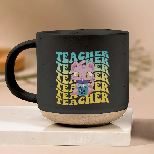 Boba Tea Teacher Kawaii Cat Groovy Back To School Pottery Mugs