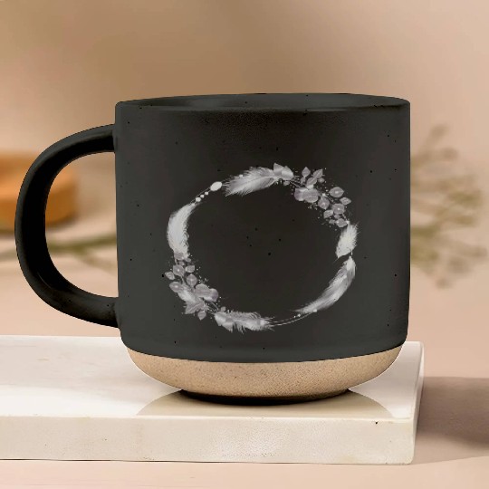 delicate frame of silver colored feathers & leaves Pottery Mugs