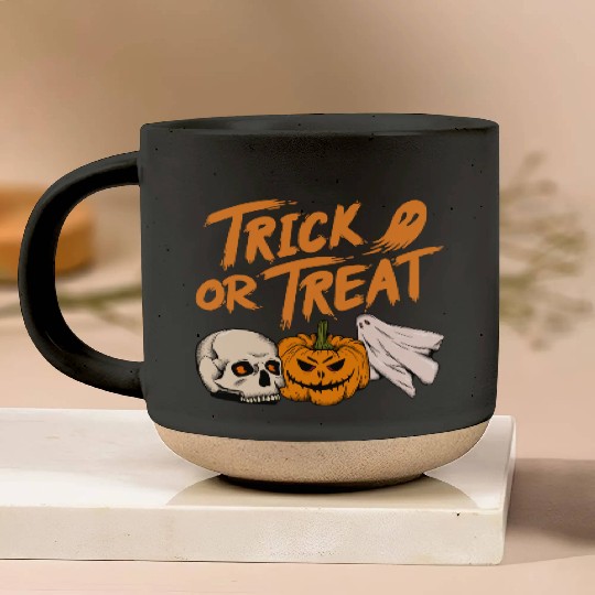 Halloween scary pumpkin head, skull and ghost Pottery Mugs