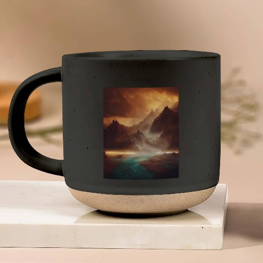 Mountains on a river mystery painting Pottery Mugs