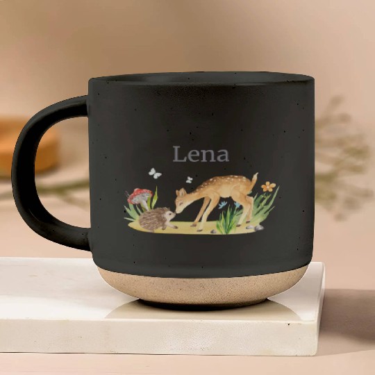 Forest Animal Deer Hedgehog Flowers Name Lena Pottery Mugs