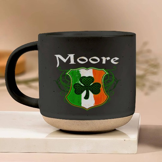 Moore Irish Surname Ireland Flag Shield Shamrock Pottery Mugs