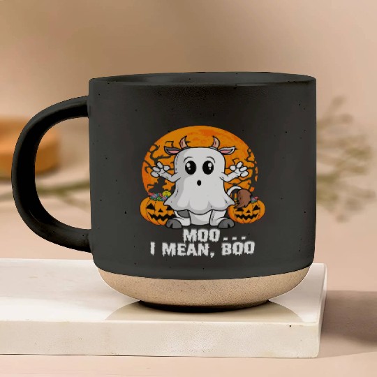 Moo I Mean Boo Cow Pumpkin Head Ghost Halloween Pottery Mugs