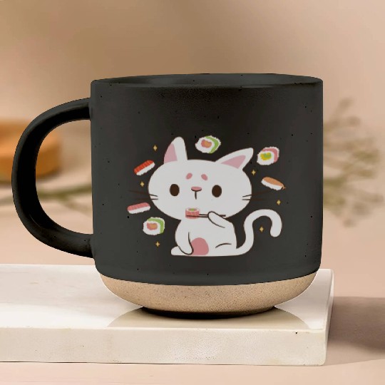 Kawaii Cat Eating Sushi Japanese Raw Food Pottery Mugs
