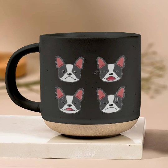 Funny Boston Terrier Dog Cartoon Faces Pottery Mugs