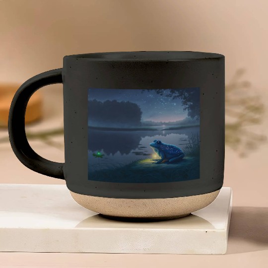 Blue Frog and Firefly on a pond at Night Pottery Mugs