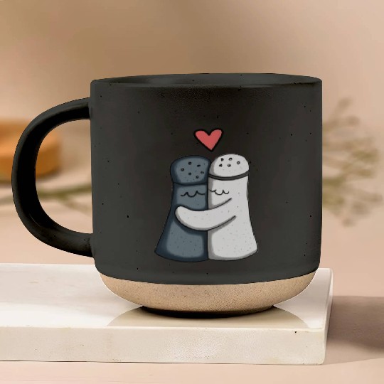 Salt and Pepper Hugging Love : Funny illustration Pottery Mugs