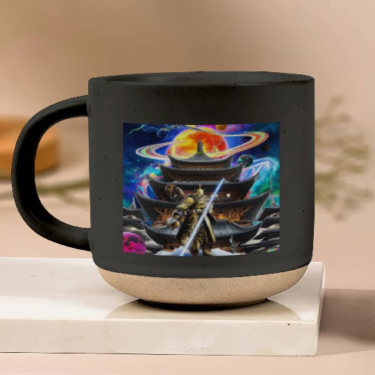 Painting of a warrior fighting in an alien world. Pottery Mugs