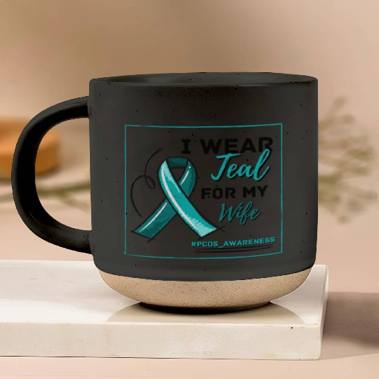 I Wear Teal For My Wife PCOS Teal Ribbon Awareness Pottery Mugs