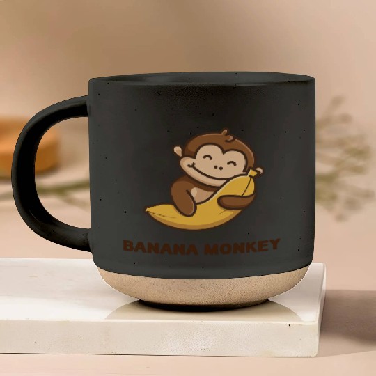 Brown illustrated Monkey and Banana Pottery Mugs