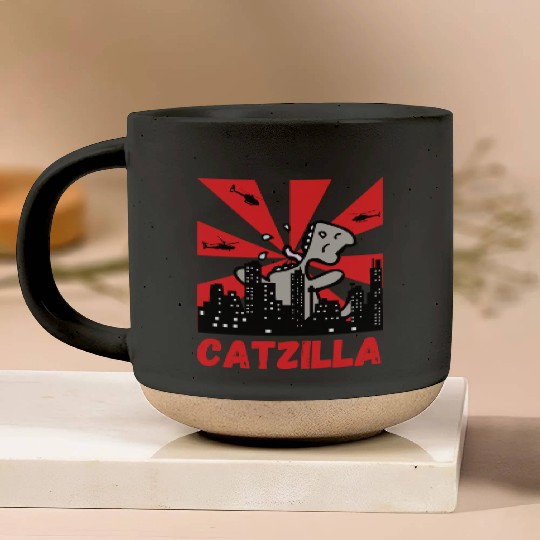 Catzilla funny cat Japanese Sunset Pottery Mugs