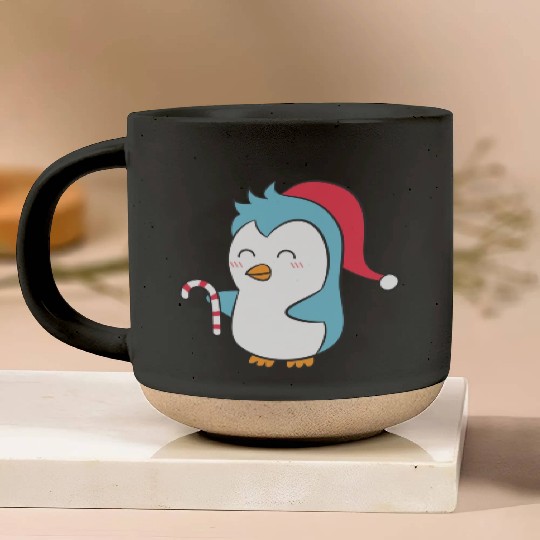Cute Penguin with Christmas Hat and Candy Cane Pottery Mugs