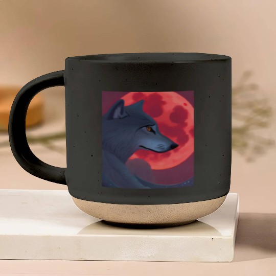 A Grey Wolf Staring at a Blood Moon Pottery Mugs
