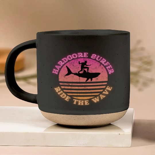 Hardcore Surfer Ride the Wave Shark Sunset Neon Pottery Mugs