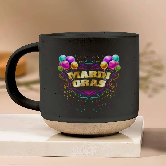 Ballons And Yellow Golden Lettering For Mardi Gras Pottery Mugs