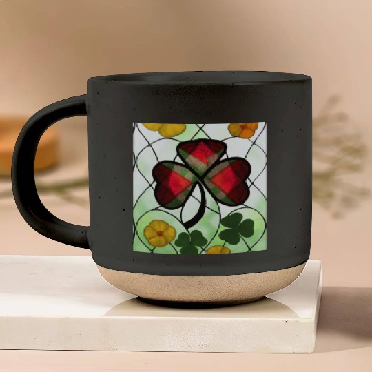 Red plaid Shamrock with Yellow Poppies (AI Art) Pottery Mugs
