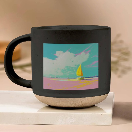 Gouache Pastel Serene Beach Scene Pottery Mugs