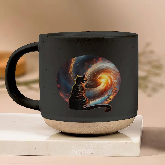 Cat Staring at a Galaxy Cat Dad Cat Lover Pottery Mugs
