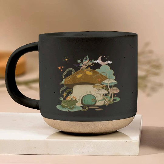 Mushroom House with Frog Moon and Stars Pottery Mugs