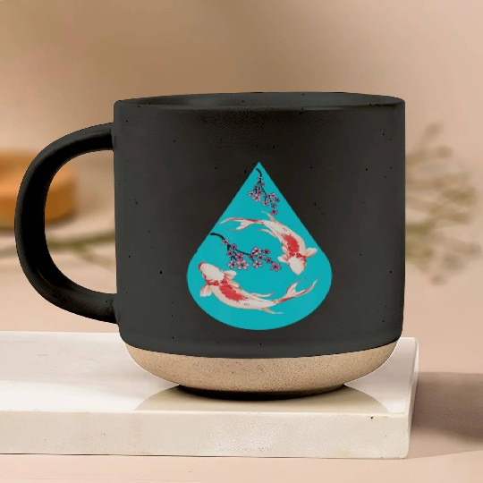 Serenity Koi Fish Raindrop Cheri Blossom Zen Pottery Mugs