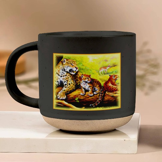 Jaguar Mom and Cubs Relaxing in Jungle. Buy Now Pottery Mugs