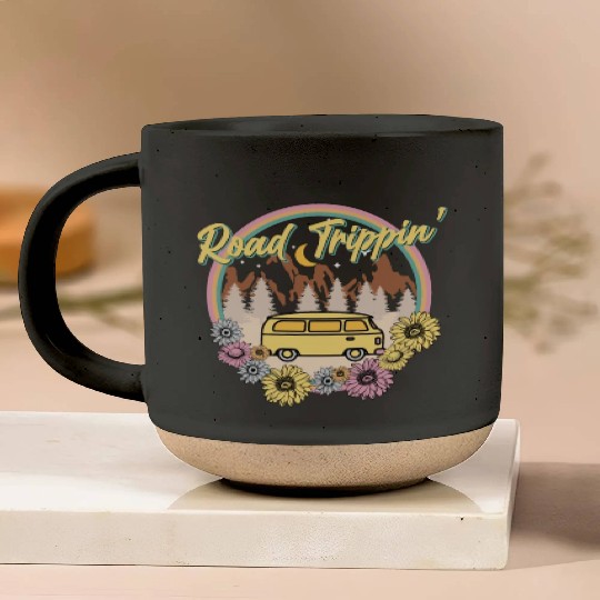 Retro Groovy Road Trip Pottery Mugs with Van Flowers